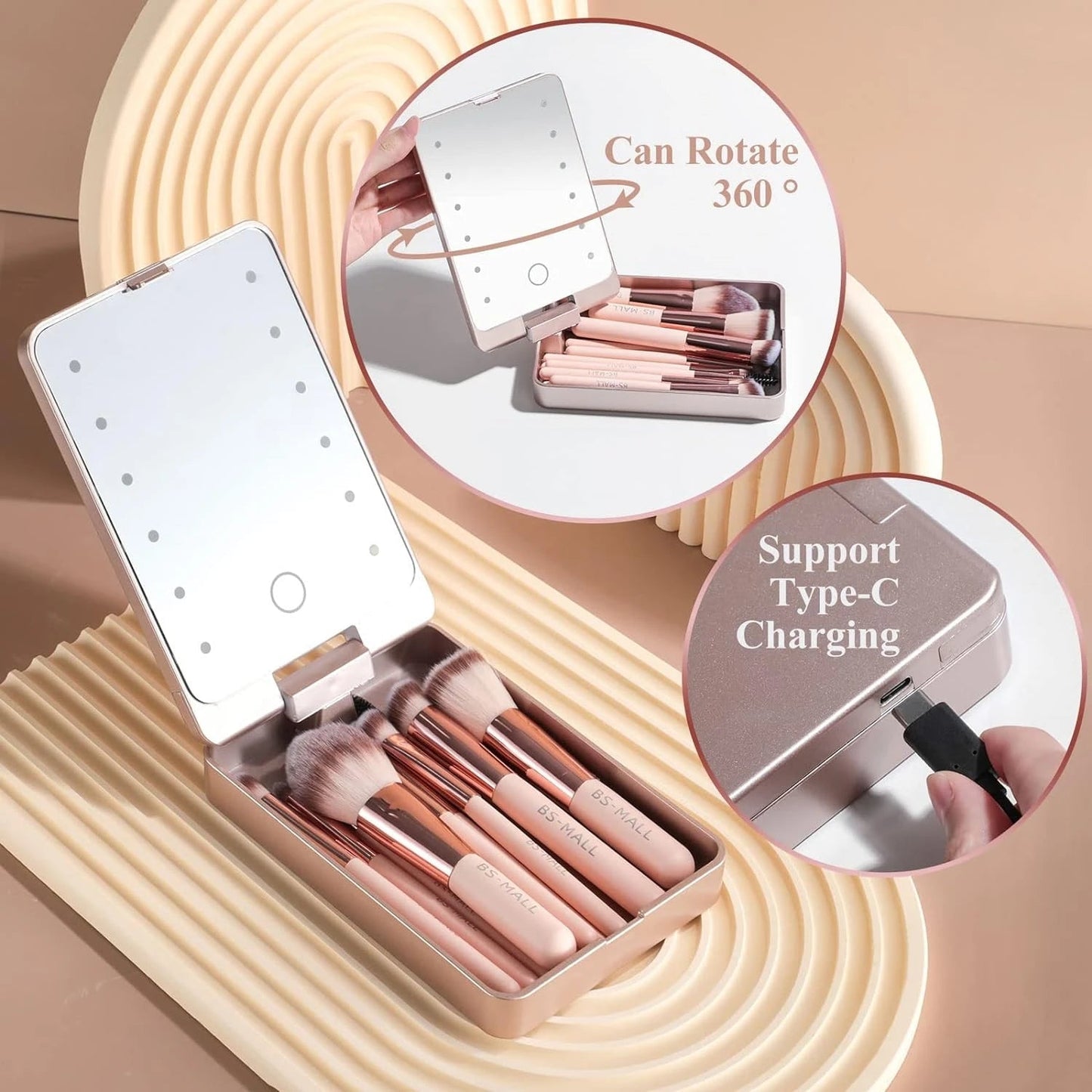 Versatile Luxurious Makeup Brush Set with Mini LED Light Mirror -